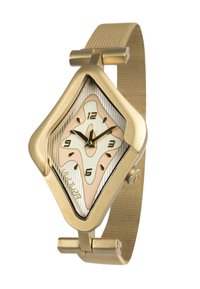 Guld-tonet armbåndsur med en unik diamantformet kasse, hvid og pink urskive, sorte time- og minutvisere samt et struktureret mesh-rem.