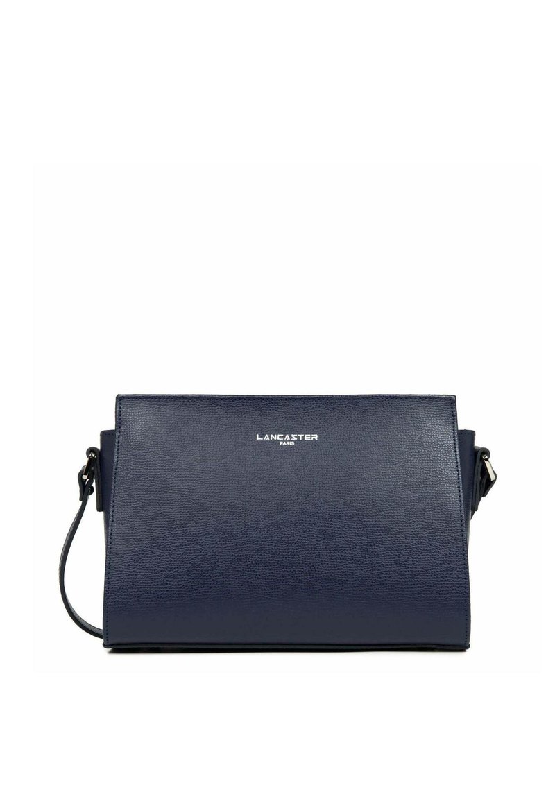 Borsa a tracolla in pelle blu navy con finitura testurizzata, forma rettangolare e tracolla regolabile. Presenta il logo del marchio in argento sul fronte.