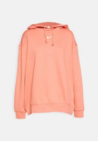 Korallrosa huvtröja med dragsko, avslappnad passform och långa ärmar; har en liten vit Nike-logga på bröstet. Mjuk material.
