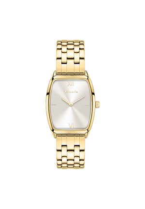 Montre dorée avec un boîtier rectangulaire, cadran argenté à motif rayonnant, chiffres romains aux positions 12 et 6, et un bracelet en maillons métalliques.
