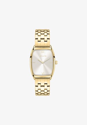 Goldfarbene Uhr mit rechteckigem Gehäuse, silbernem Sonnenschliff-Zifferblatt, römischen Ziffern bei 12 und 6 sowie einem Metallgliederarmband.