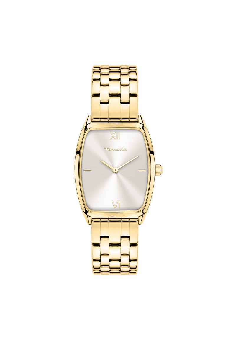 Goldfarbene Uhr mit rechteckigem Gehäuse, silbernem Sonnenschliff-Zifferblatt, römischen Ziffern bei 12 und 6 sowie einem Metallgliederarmband.