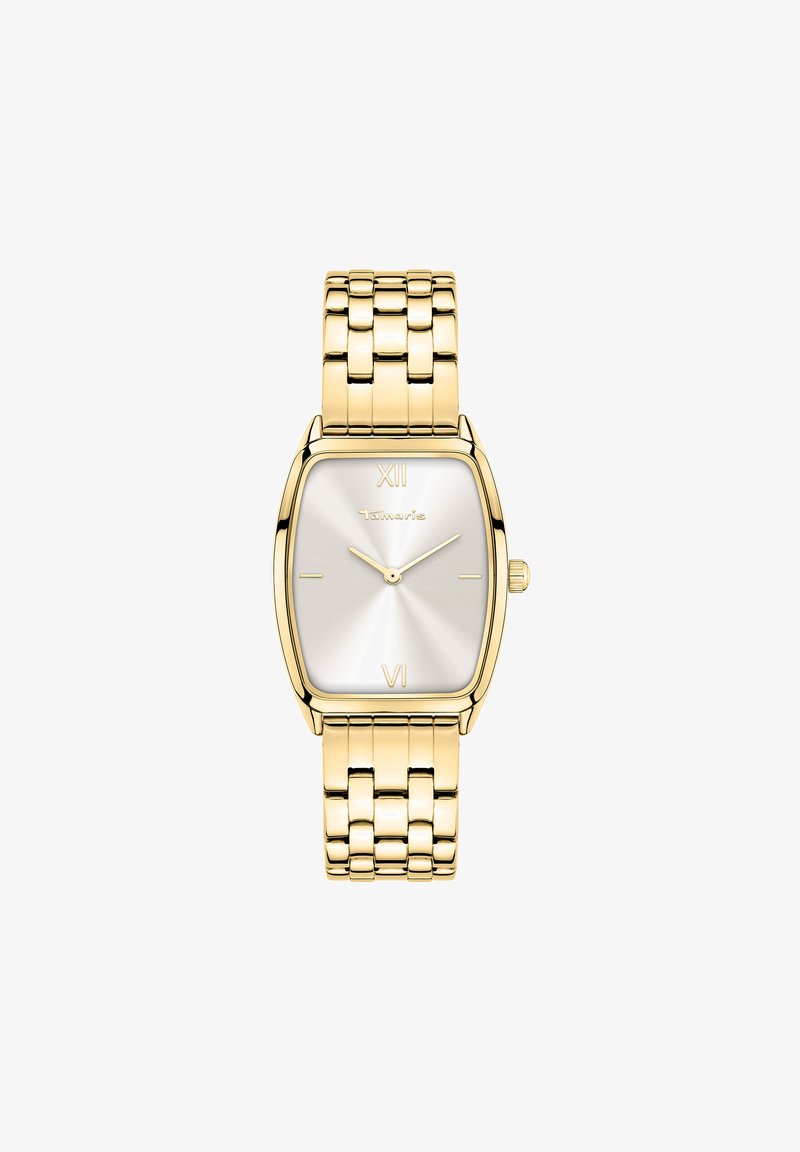 Gouden horloge met een rechthoekige kast, zilveren zonburst-dial, Romeinse cijfers op 12 en 6, en een metalen schakelarmband.