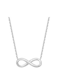 Silver infinityhalsband med en slank, polerad design. Har en dov kedja och en jämn, kontinuerlig figur i mitten.