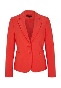 Veste blazer rouge pour femme, cintrée, avec col cranté, deux boutons à l'avant, poches passepoilées, taille 38, étiquetée "comma", présentée sur fond blanc.