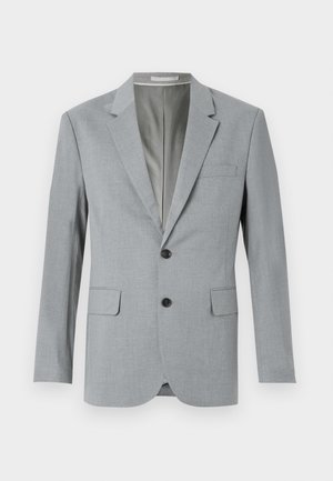 Grey blazer with a textured fabric, single-breasted design, notched lapels, two front pockets, and black buttons. Lined interior.