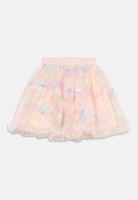 Pink tulle skirt with floral appliqués in pastel shades, featuring ruffled hem and elastic waistband for adjustable fit.