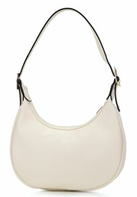 Gräddfärgad halvmåne-formad handväska med en justerbar axelrem med svart kant och guldbuckle detaljer.