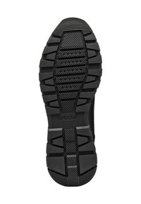Suola di scarpa nera in gomma con battistrada testurizzato caratterizzato da scanalature e motivi multidirezionali per una migliore aderenza, contrassegnata con "GEOX ITALIAN PATENT."