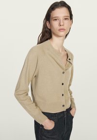 Jonge vrouw met lang bruin haar, gekleed in een beige gebreid vest met knopen en zwarte spijkerbroek, handen in de zakken, neutrale uitdrukking, lichte achtergrond.