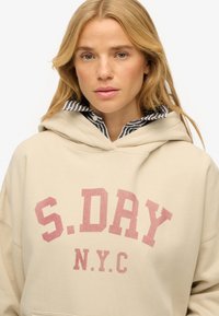 Sudadera con capucha beige que presenta un gran gráfico en marrón "S.DRY" y el texto "N.Y.C." El interior del cuello tiene un patrón de rayas en azul marino y blanco.