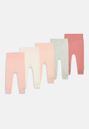 Sett med fem par leggings i rosa, lys rosa, hvit, grå og mørk rosa. Laget av myk stoff med elastiske midjebånd og manchetter.