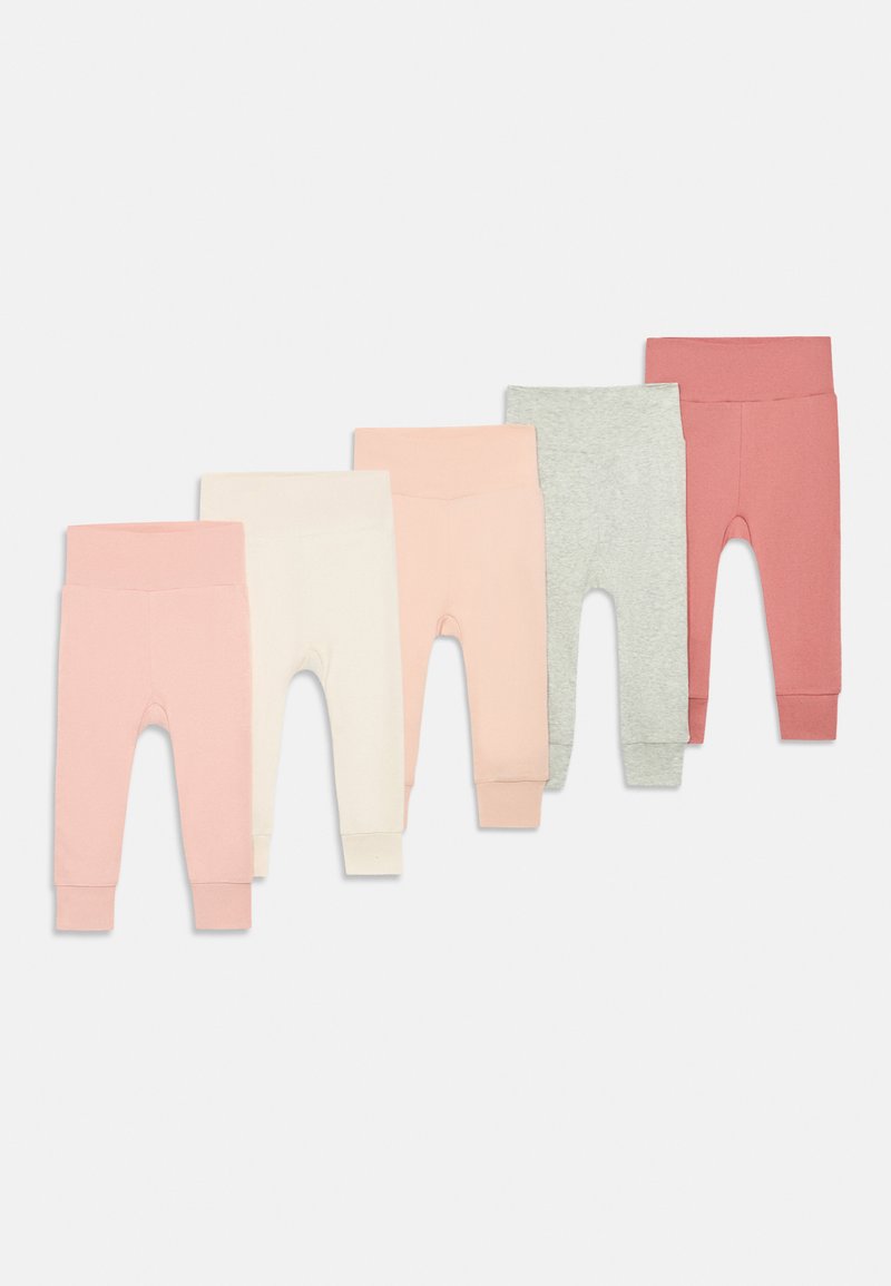 Conjunto de cinco pares de leggings en rosa, rosa claro, blanco, gris y rosa oscuro. Fabricados con un tejido suave y con cinturillas y puños elásticos.