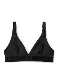 Černá měkká podprsenka s nastavitelnými ramínky a elastickým pásem s logem "United Colors of Benetton" na bílém pozadí.