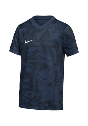 Dunkelblaues Nike Sportshirt mit kurzen Ärmeln, V-Ausschnitt und abstrakten dunkleren Mustern auf dem Stoff.