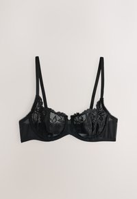 Schwarzer Spitzen-BH mit Bügeln, verstellbaren Trägern und floralem Mesh-Design auf den Cups, flach auf hellem Hintergrund dargestellt.