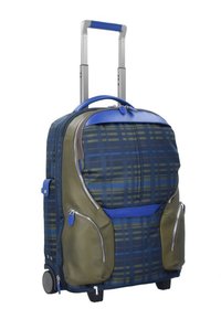 Valigia a rotelle in un motivo tartan blu scuro e verde oliva; presenta due tasche laterali, elementi in metallo argentato e manico retrattile.
