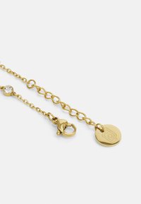 Gouden ketting met een kreeftsluiting, ronde hanger en een heldere edelsteenaccent op de ketting. Glad oppervlak en gepolijste afwerking.