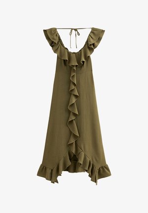 Olive green dress made of lightweight fabric, featuring ruffled sleeves and a front ruffle detail, with an asymmetrical hemline.