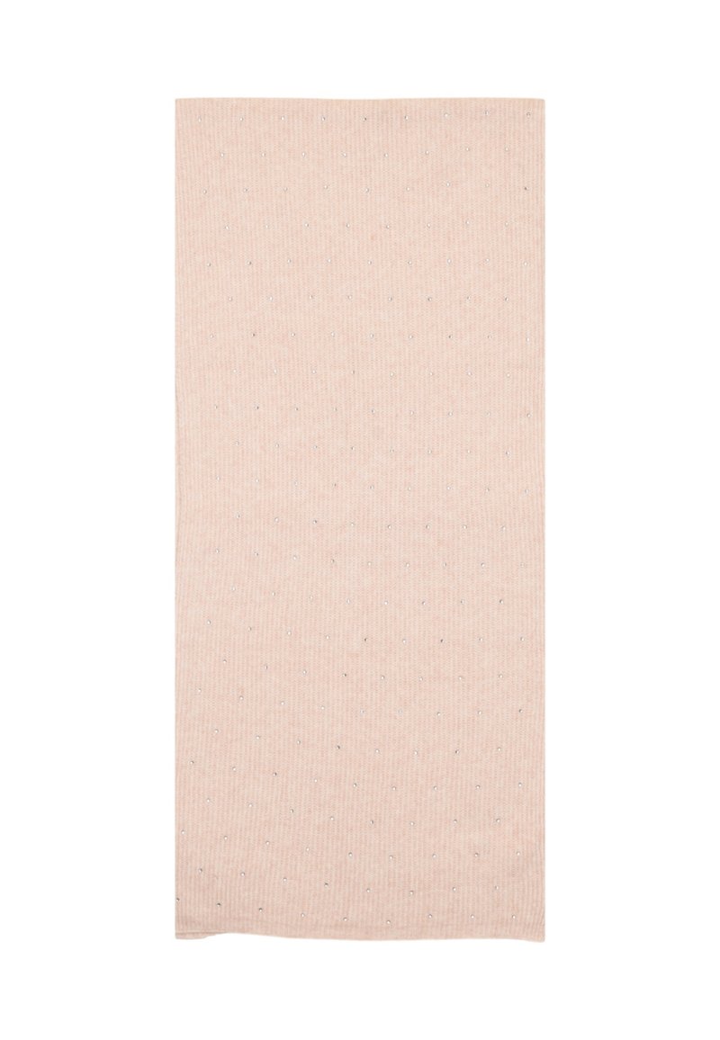 Coperta lavorata a maglia rosa pallido con una texture a coste, decorata con piccoli punti argentati distribuiti uniformemente sulla stoffa.