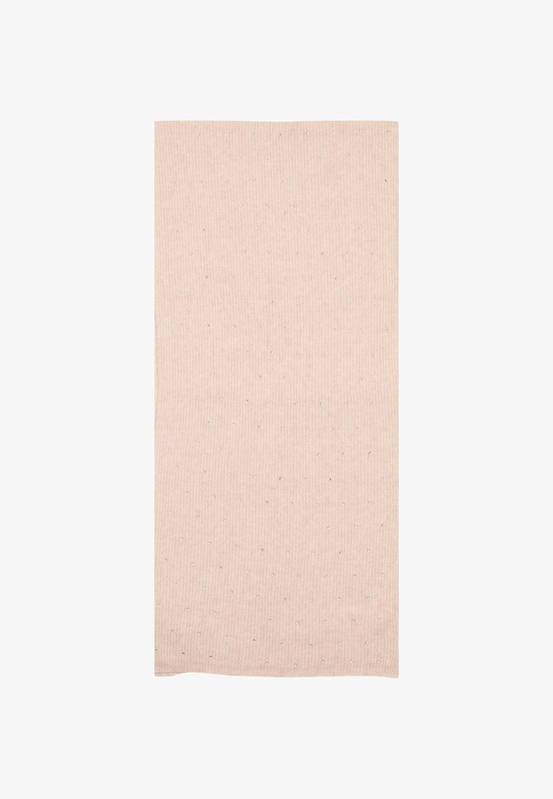 Coperta lavorata a maglia rosa pallido con una texture a coste, decorata con piccoli punti argentati distribuiti uniformemente sulla stoffa.