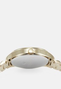 Montre dorée avec un boîtier rond, verre plat, couronne texturée avec "CK" et bracelet en métal maillon. Fini lisse sur le boîtier et le bracelet.