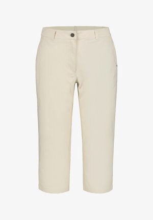 Beiga knälånga byxor gjorda av lättviktsmaterial; har knappstängning, framfickor och en slät yta.