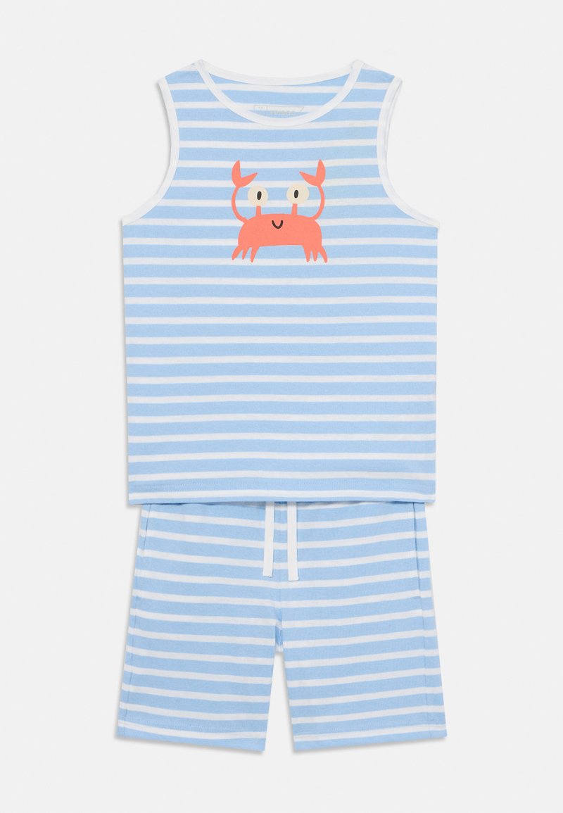 Blue and white striped tank top with a crab graphic, paired with matching shorts featuring a drawstring and soft cotton material.