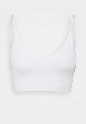 White cotton bralette featuring a v-neck design, thin adjustable straps, and a ribbed texture with a seamless band.