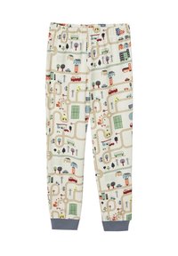 Children's beige pants with colorful city road map print featuring cars, buildings, trees, traffic lights, and tennis courts, with gray cuffs.