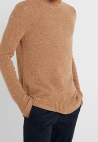 Maglione marrone lavorato a maglia morbida e soffice con scollo rotondo, polsini e orlo a coste, indossato sopra pantaloni scuri. Tessuto morbido e vestibilità comoda.