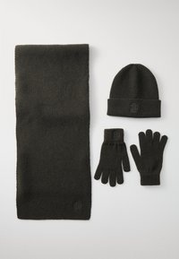 Schwarzes Strickmützen-, Schal- und Handschuhset. Der Schal ist lang und hat eine gerippte Textur. Die Handschuhe weisen eine Rippstruktur und das Logo der Marke auf. Weiches Material aus Wollmischung.