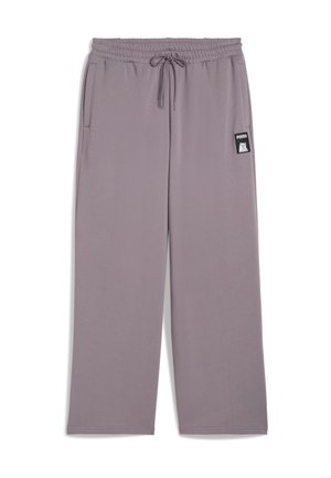 Pantaloni della tuta leggeri di colore viola con cintura elastica, chiusura con coulisse, tasche laterali e una piccola patch logo sulla coscia sinistra.