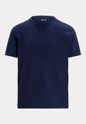 T-shirt bleu marine à manches courtes et col rond avec un petit logo RLX Ralph Lauren à l'intérieur du col.