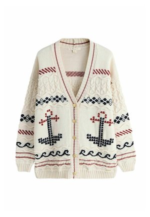Cream knit cardigan with cable patterns, red and black anchor motifs, wave designs, and gold buttons down the front.
