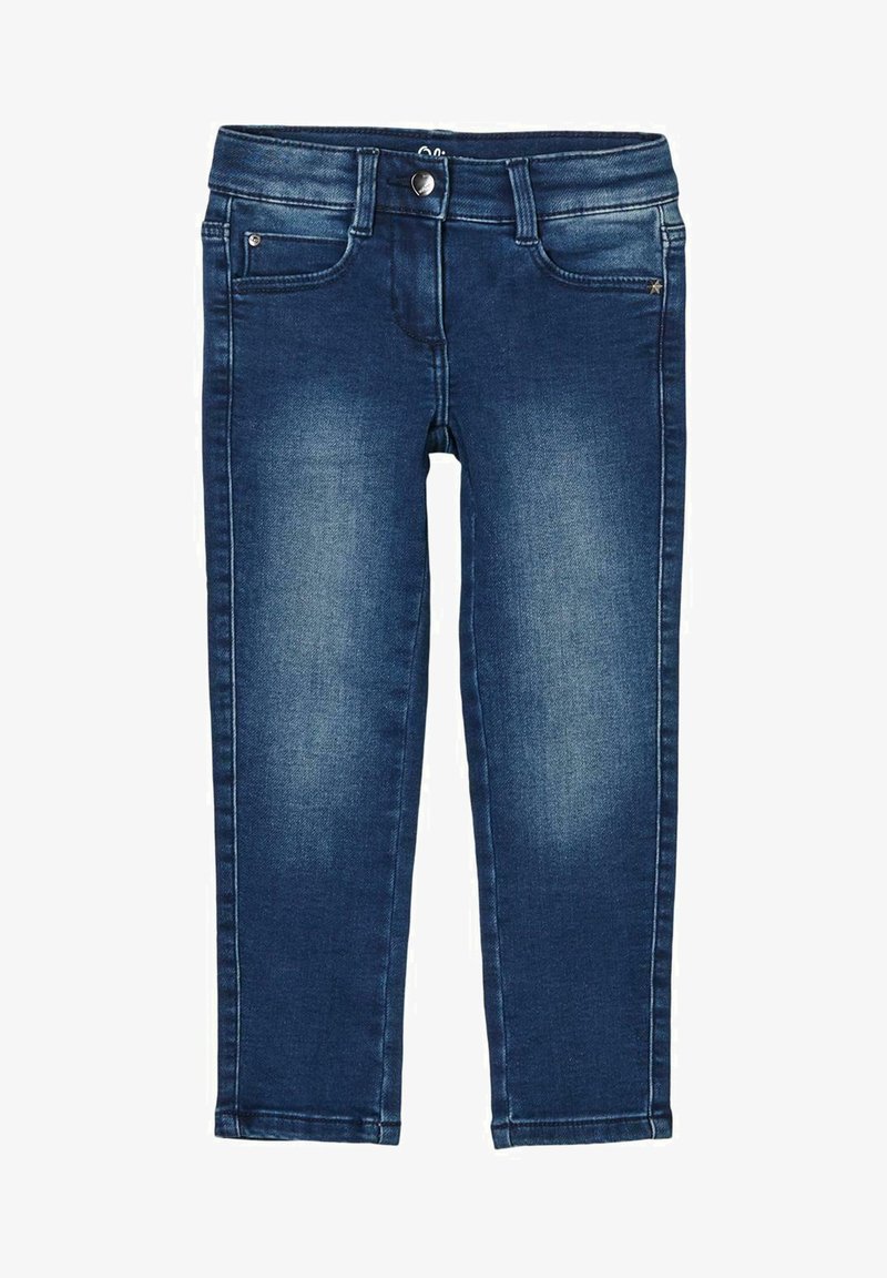 Donkerblauwe denim jeans met een gladde textuur, slim fit, vijf zakken en een metalen knoop bij de taille. Verweerde accenten aanwezig.