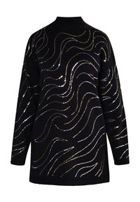 Maglione lungo nero a maniche lunghe con colletto alto, caratterizzato da motivi ondulati realizzati con paillettes argento e oro su un tessuto texturizzato.
