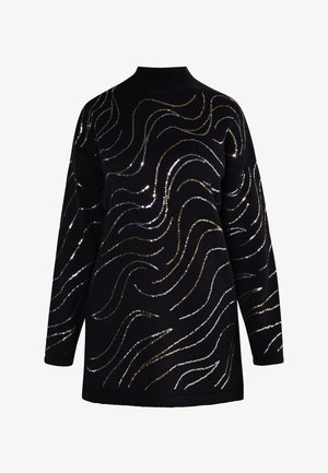 Sort langærmet sweater med høj krave, prydet med bølgemønstre lavet af sølv- og guldpalietter på et struktureret stof.