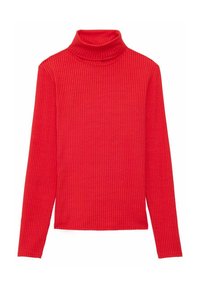 Pull à col roulé rouge côtelé avec des manches longues, doté d'un col haut et d'un design ajusté. Fabriqué en tissu doux, la texture est lisse.