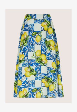 Ein knielanger Rock mit einem Muster aus Zitronen und Blumen in Gelb- und Blautönen, aus strukturiertem Stoff und mit ausgestelltem Schnitt.