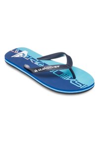 Sininen ja akvamariininvärinen flip-flop, jossa on teksturoitu kumipohja, mustat hihnat ja valkoinen logo. Suunnittelussa on geometristen kuvioiden gradientti.