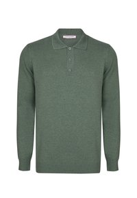 Grøn langærmet polo lavet af blødt stof med krave, treknappet lukning og ribstrikkede manchetter og kant.
