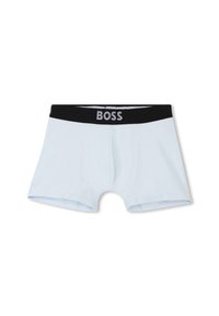 Boxer-briefs bleu clair avec une ceinture élastique noire portant le mot "BOSS" en lettres argentées. Tissu en coton lisse, sans motifs.