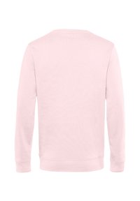Jednoduchá dlouhá růžová mikina s oversized rukávy a žebrovanými manžetami a spodním lemem, zobrazená zezadu na bílém pozadí.