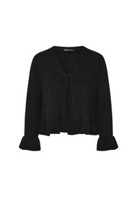 Musta lyhyt neuletakki, joka on valmistettu neulostekstiilistä, ja siinä on V-kaula-aukko, nauhakiinnitys ja levenevät hihat. Pintakuvioitunut viimeistely ja röyhelöhelma.