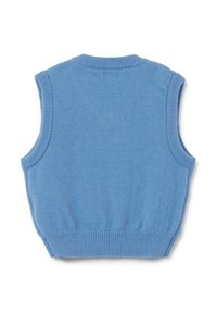 Helles blaues ärmelloses Strickwesten mit einem gerippten Rundhalsausschnitt und Saum. Glatte Textur und einfaches Design, geeignet zum Layering.