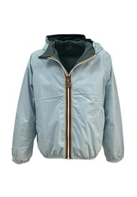 Giacca azzurra chiaro con zip frontale, polsini elasticizzati e cappuccio. Presenta una fodera interna a contrasto e una zip multicolore.
