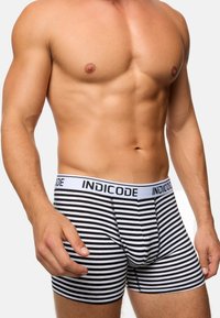 Boxer shorts à rayures noires et blanches avec une large ceinture élastiquée portant l'inscription "INDICODE." Tissu lisse, design ajusté.