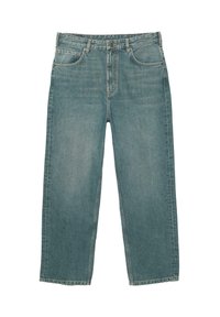 Hellblaue Denim-Jeans mit weitem Bein und hoher Taille, klassischem Fünf-Taschen-Design, kontrastierenden Nähten und Reißverschluss.