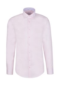 Camicia a maniche lunghe di colore rosa chiaro con colletto abbottonato. Presenta una patta con bottoni sul davanti e tessuto liscio con una sottile lucentezza.